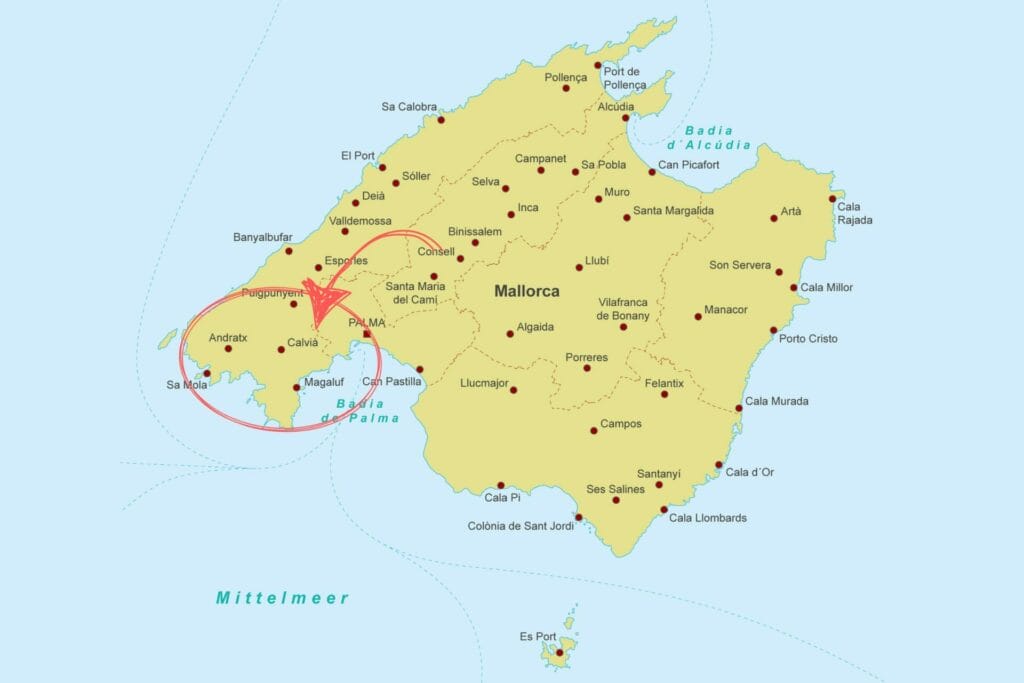 Karte Mallorca mit hervorgehobener Region im Südwesten