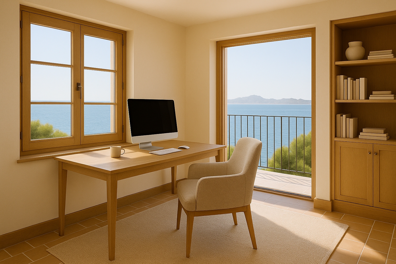 Ki generertes Bild eines Arbeitszimmers mit lick auf die Küste von Alcúdia