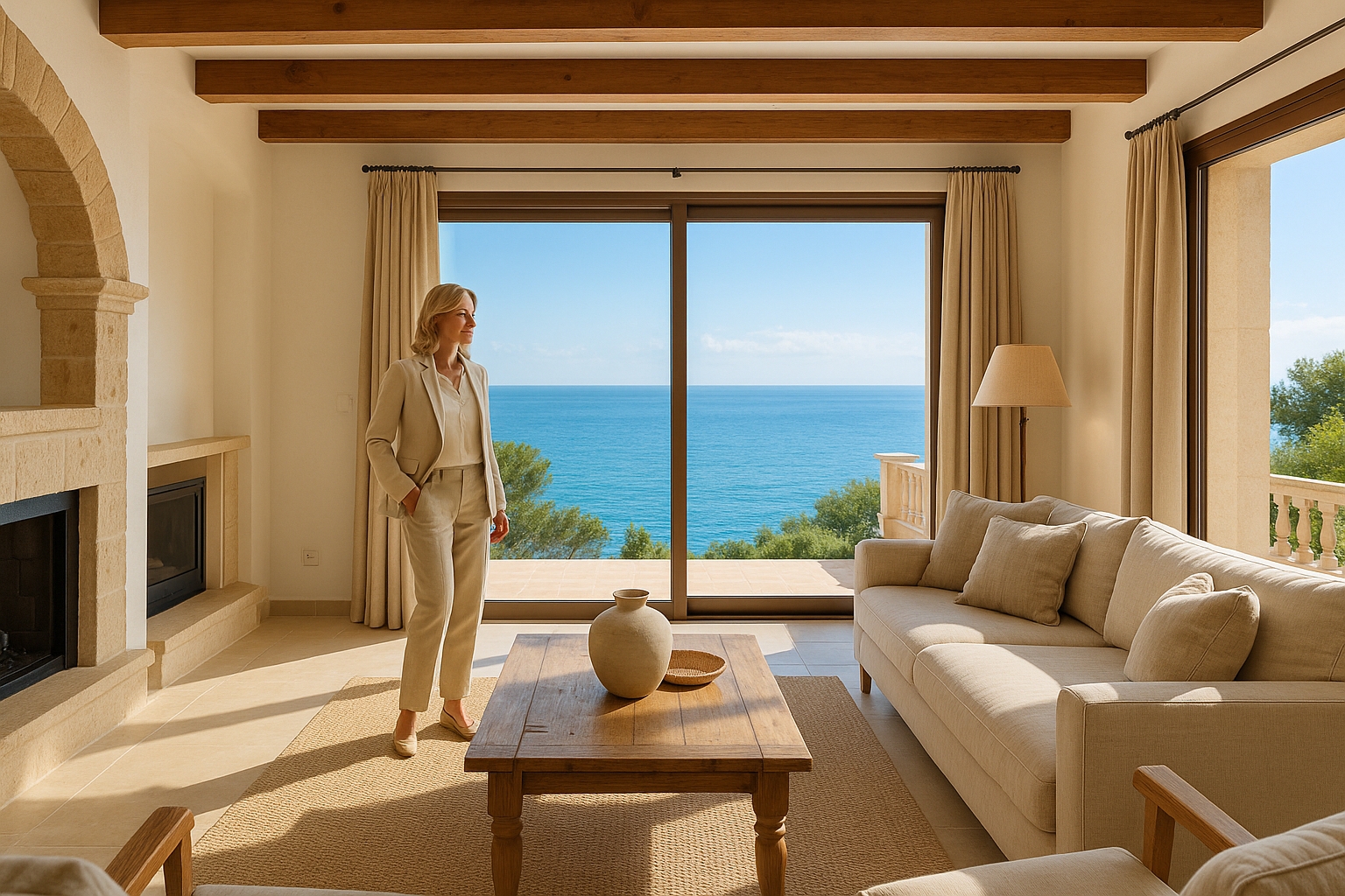 KI generiertes Bild von einem Wohnzimmer einer Villa in Alcúdia. An der Fensterfront mit Meerbllick steht eine Investorin