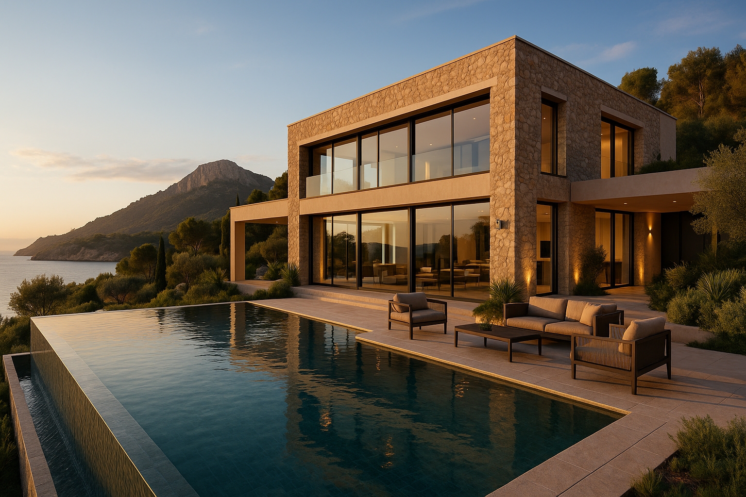 KI generiertes Bild von einer 2 Stöckigen Villa am Hang eines Hügels in Antratx mit Meerblick und Pool