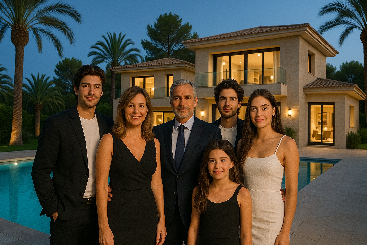Ki generiertes Bild einer wohhabenden Familie vor ihrer VIlla mit Poolin Calvià
