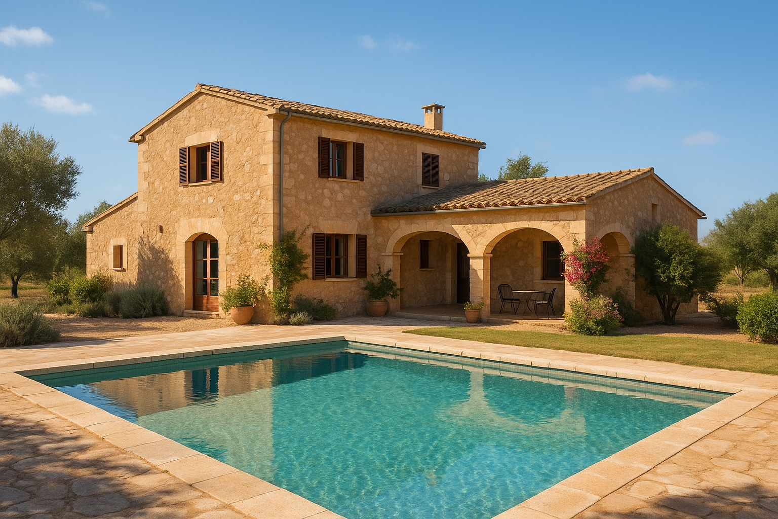 KI generiertes Bild mit Villa im Hintergrund und Pool im Vordergrund