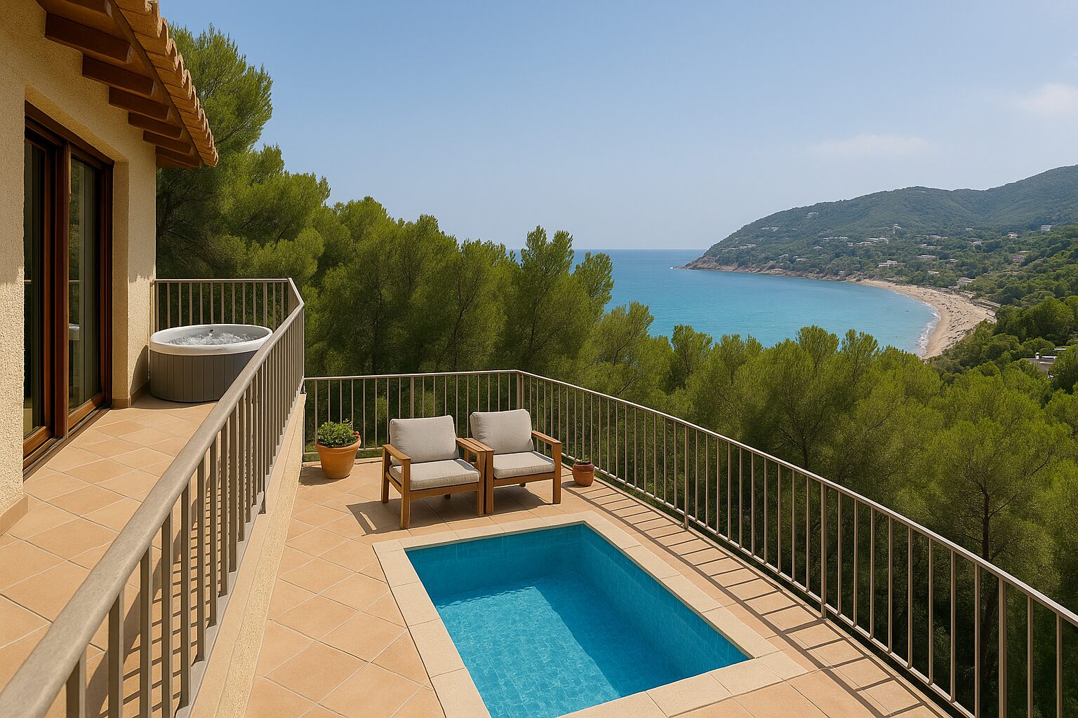 KI generiertes Bild eines Außenbereiches von einer Villa mit Meerblick