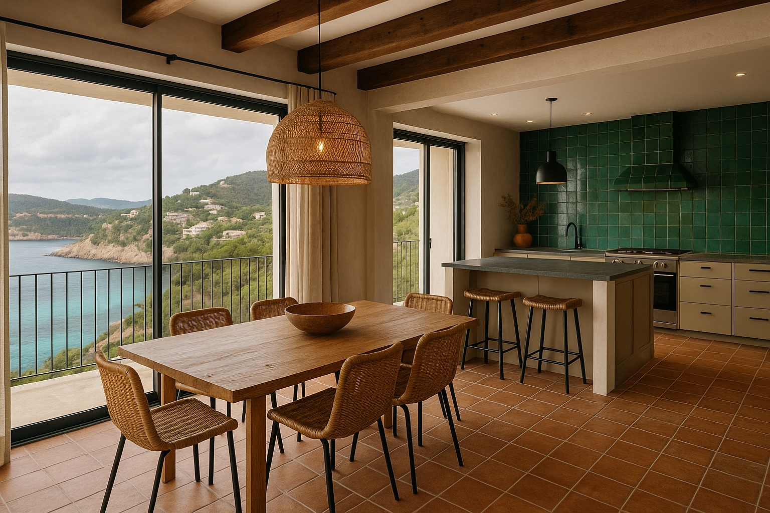 KI generierte Ansicht einer offenen Küche mit Essbereich und Blick auf einen Küstenabschnit in Manacor.