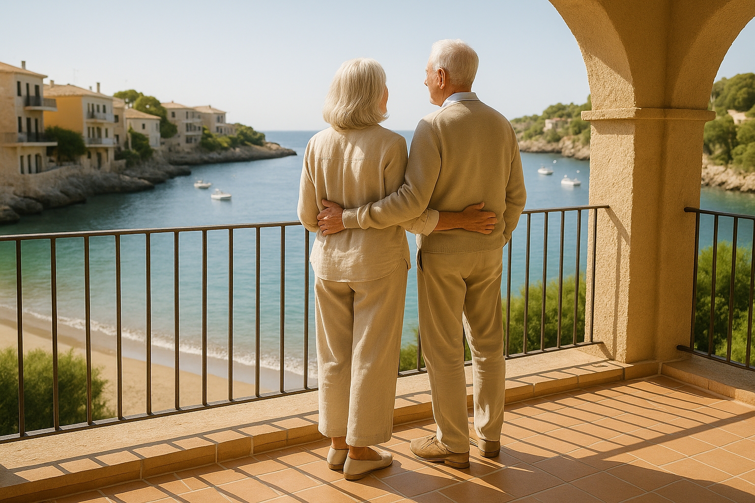 Ki generiertes Bild von einem älteren Paar, was auf eine Bucht in Porto Cristo schaut